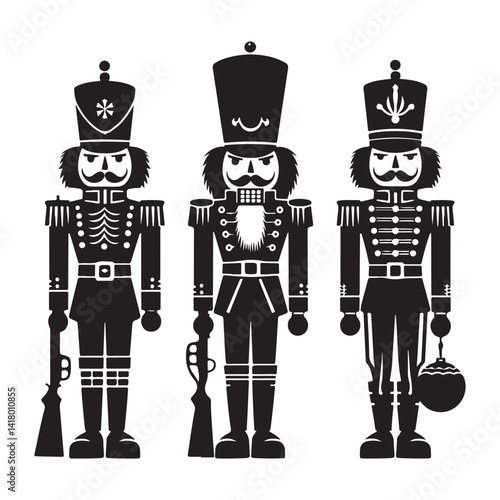 Three Black Nutcracker Soldiers Vector Illustration Design Art Decoration