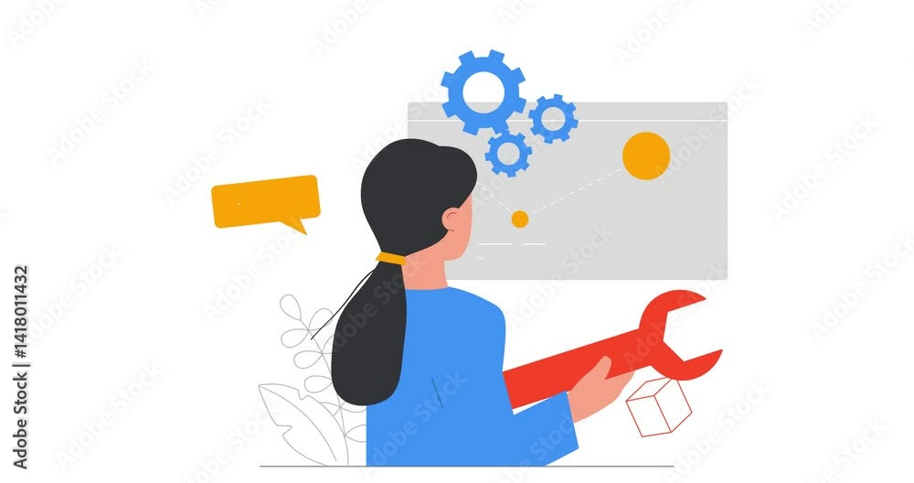 Solving problems. Moving banner with woman performing website maintenance with wrench. Diagnostics, error or bug fixing and repair. Technical support. Flat outline animated graphics Solving problems. Moving banner with woman performing website maintenance with wrench. Diagnostics, error or bug fixing and repair. Technical support. Flat outline animated graphics
