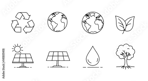 Eco-Consciousness Icons: A collection of clean line art icons embodies key elements of eco-consciousness, representing vital aspects of environmental preservation.
