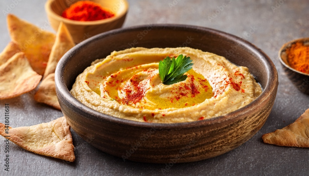 Homemade chickpea hummus bowl with pita chips and paprika Homemade chickpea hummus bowl with pita chips and paprika