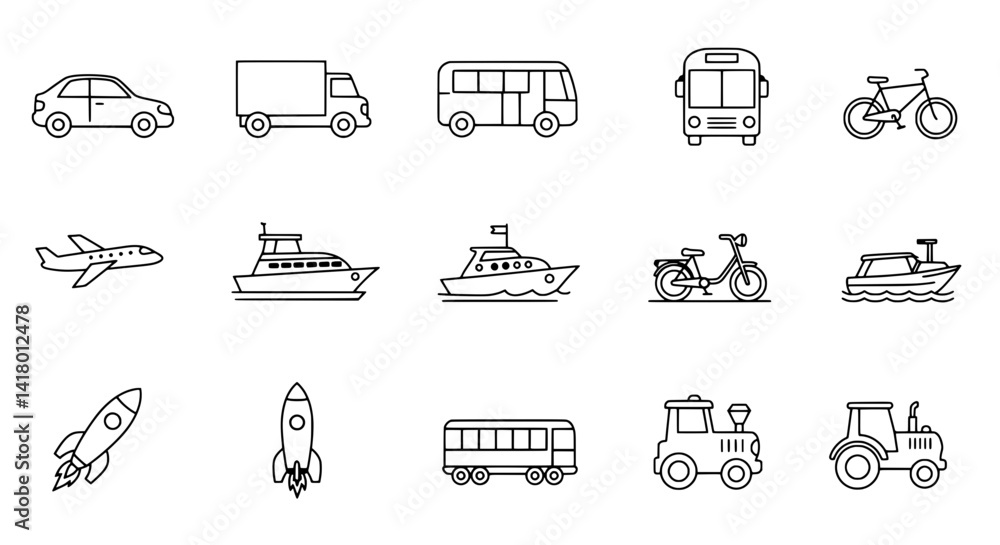 Transportation Icons Set: A comprehensive collection of line icons depicting various modes of transport, including cars, trucks, buses, bicycles, airplanes, boats, rockets, trains, and tractors. Transportation Icons Set: A comprehensive collection of line icons depicting various modes of transport, including cars, trucks, buses, bicycles, airplanes, boats, rockets, trains, and tractors.