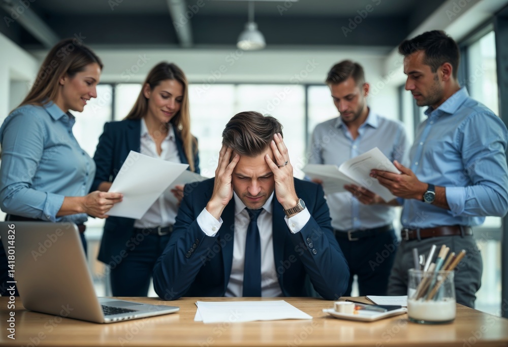 Burnout at Work – Frustrated Manager Surrounded by Employees Burnout at Work – Frustrated Manager Surrounded by Employees