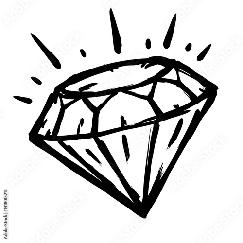 Hand-drawn diamond shining with radiance on a white background  