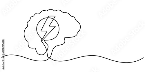 Headache Single Line Icon, Continuous Line Drawing of Brainstorming Icon. Hand Drawn Symbol Vector Illustration, brain energy continuous one line drawing, minimalist  monoLine Drawing of Anxiety Icon.