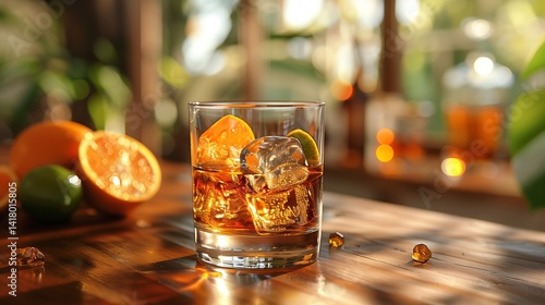 Glass of Disaronno on the rocks with orange slices, sitting on a table