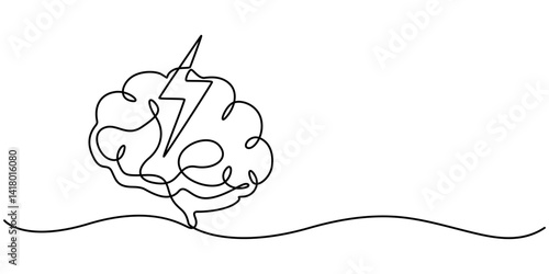 Headache Single Line Icon, Continuous Line Drawing of Brainstorming Icon. Hand Drawn Symbol Vector Illustration, brain energy continuous one line drawing, minimalist  monoLine Drawing of Anxiety Icon.