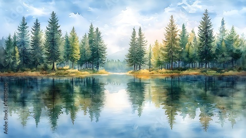 Serene forest lake scene, painted in watercolor.