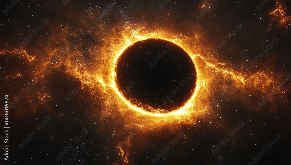 Dark circle surrounded by bright orange energy or light in space. Dark circle surrounded by bright orange energy or light in space.
