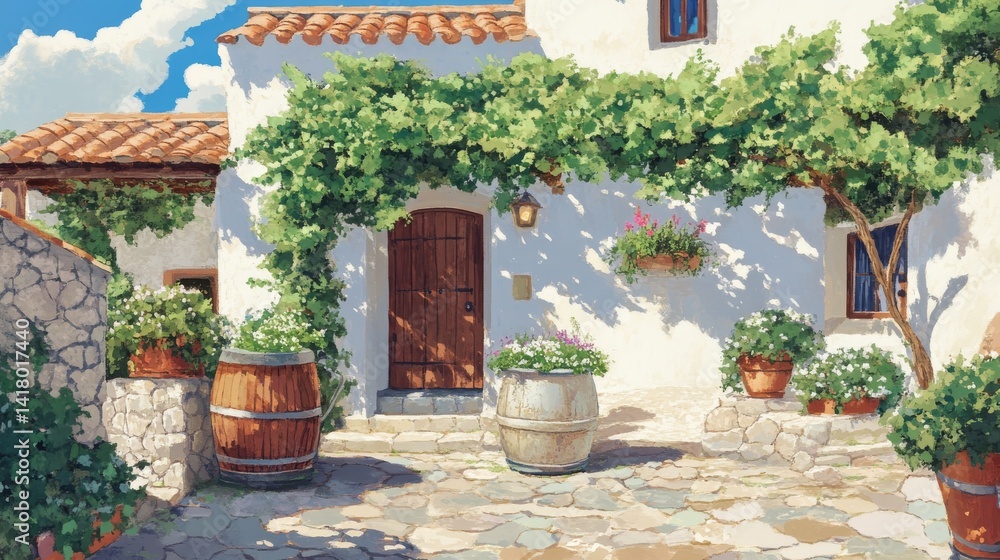 Naklejka premium Tuscan courtyard Whitewashed buildings with lush greenery and stone path