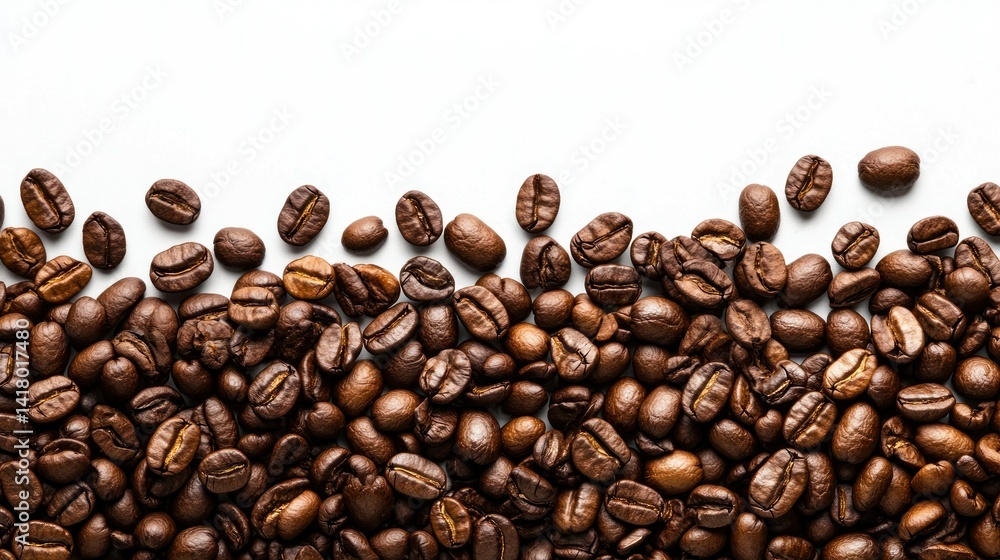 Fototapeta premium Roasted coffee beans scattered on white background