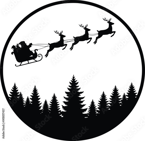 Circular black and white silhouette of santa's sleigh pulled by reindeer flying above evergreen forest