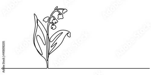 Single continuous line art lily of the valley flower, Spring Bouquet Flower Lily of the Valley in One Continuous Line Drawing. Minimalist Linear May bells. Vector Illustration For design, Monoline.