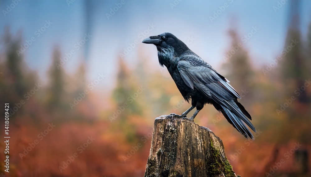 Naklejka premium Common raven on old stump