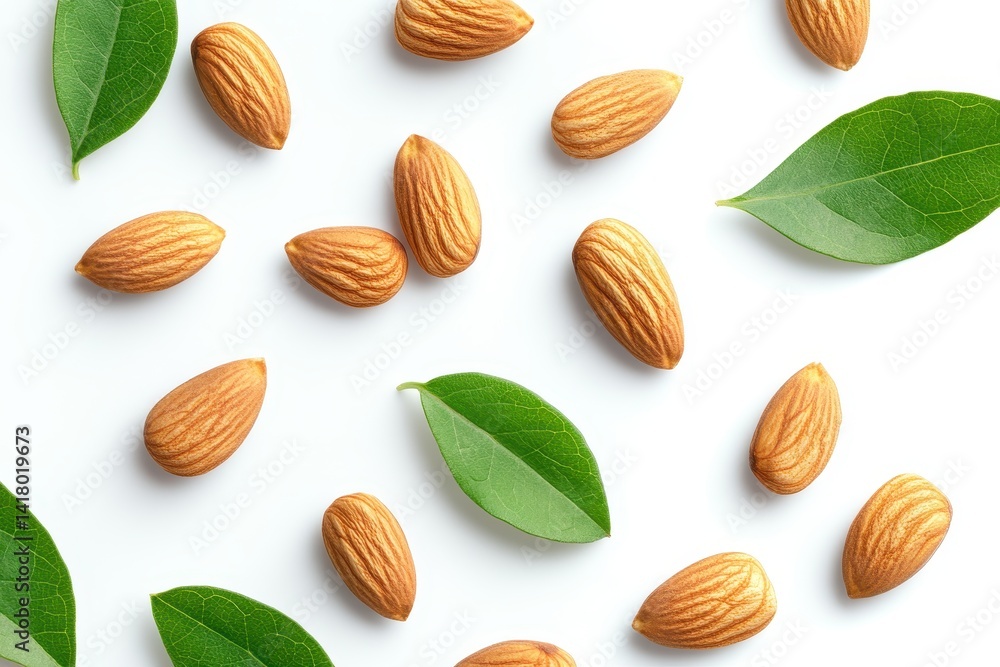 Delicious roasted almonds scattered with fresh green leaves on a bright white background showcasing their natural goodness and Delicious roasted almonds scattered with fresh green leaves on a bright white background showcasing their natural goodness and