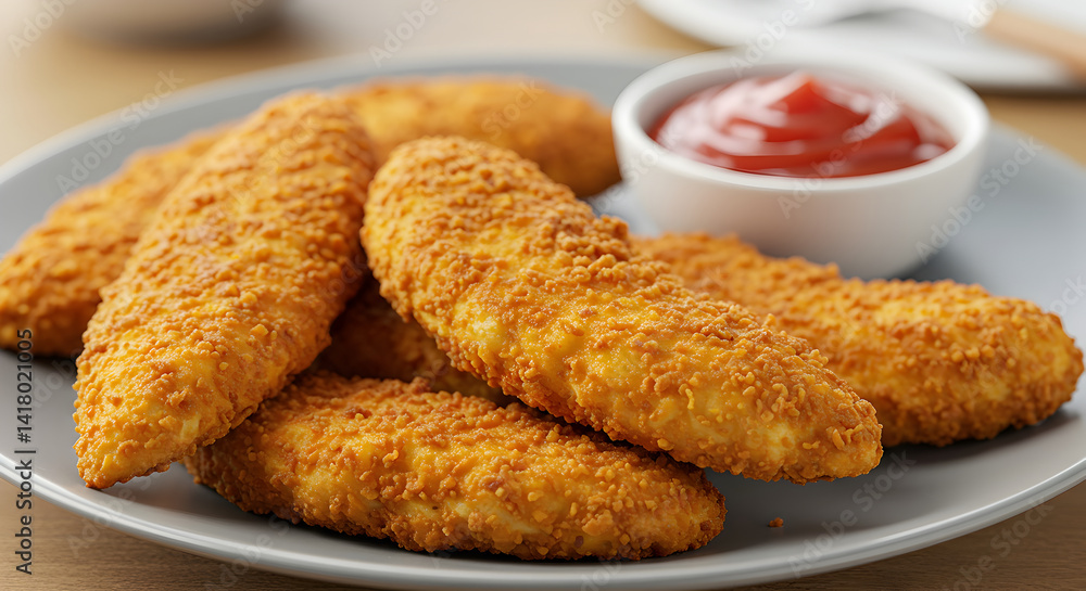 Crispy Fried Chicken Tenders Served With Ketchup On A Ceramic Plate Crispy Fried Chicken Tenders Served With Ketchup On A Ceramic Plate