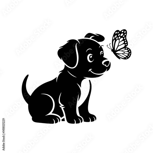 Playful Puppy and Butterfly: A charming silhouette of a puppy and a beautiful butterfly interact in a moment of lightheartedness.