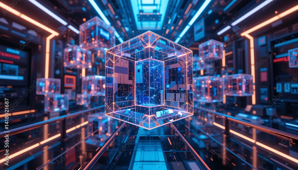 Futuristic digital environment featuring glowing geometric shapes and data streams Futuristic digital environment featuring glowing geometric shapes and data streams
