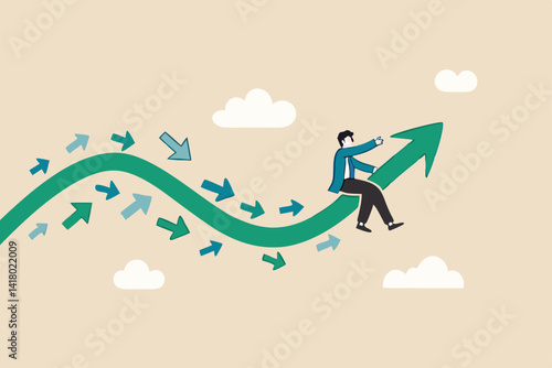 Business trend, initiative thinking to be different and lead to success, trend setter or leadership to follow, leading direction concept, businessman riding trend arrow followed by small followers.