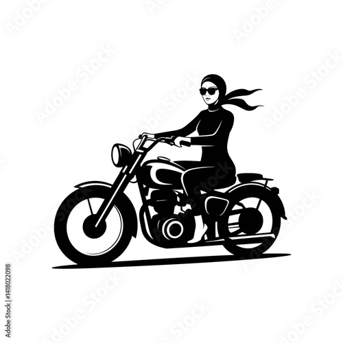 Lady Rider's Silhouette: A determined female figure astride a classic motorbike, exuding confidence and the spirit of open roads. This vector image captures the essence of freedom and adventure.