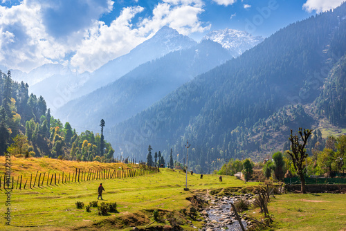 Serene Landscape of Aru valley near Phalgam town in Anantnag district of Jammu and Kashmir, India. It is famous for lush green meadows, snow-capped peaks and scenic trekking trails.