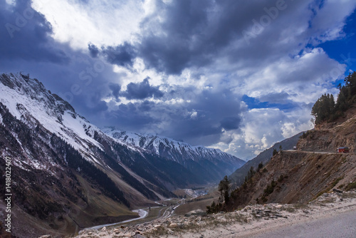 View en-route to Zoji la pass at elevation of 3528m in zanskar himalayas mountain range on Srinagar Leh highway, Jammu and Kashmir, India.