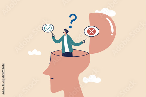 Decision making or logical thinking, choose right or wrong, correct or incorrect, solve problem, critical thinking, decide and dilemma concept, businessman in his head making decision right or wrong.