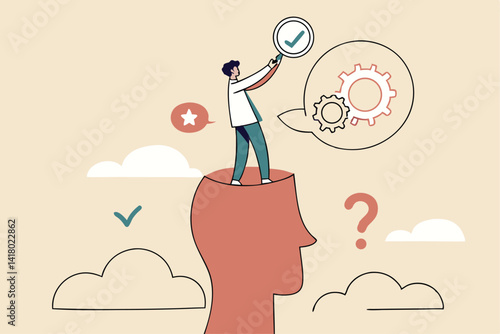 Decision making or logical thinking, choose right or wrong, correct or incorrect, solve problem, critical thinking, decide and dilemma concept, businessman in his head making decision right or wrong.