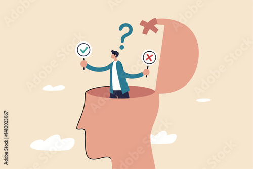 Decision making or logical thinking, choose right or wrong, correct or incorrect, solve problem, critical thinking, decide and dilemma concept, businessman in his head making decision right or wrong.