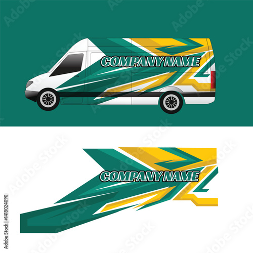 cargo van delivery car body wrap sticker design. sticker with green and yellow color combination style