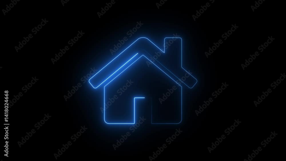 Neon line home icon. Neon line animated home icon. House icon glowing neon light on black background Neon line home icon. Neon line animated home icon. House icon glowing neon light on black background