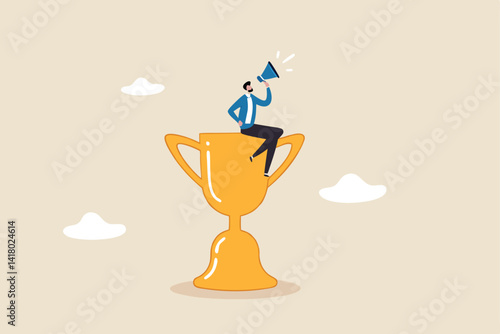 Success story to motivate people to develop and improve to achieve life success, telling story or inspire people, aspiration concept, businessman telling success story with megaphone on winner trophy.