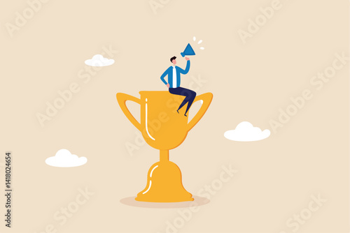Success story to motivate people to develop and improve to achieve life success, telling story or inspire people, aspiration concept, businessman telling success story with megaphone on winner trophy.