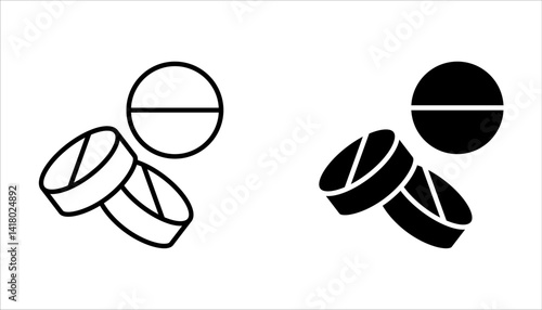 Medicine bottle and pills icon set. Medicament. Vector illustration on white background.