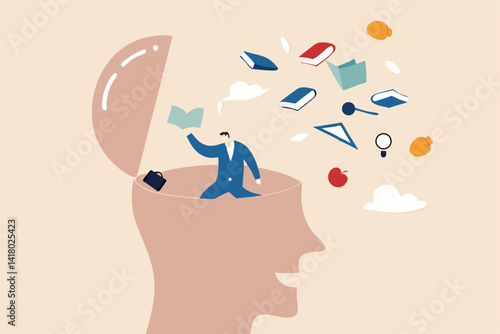 Unlearn, forget wrong information or knowledge, erase or delete memory for free space to learn new things concept, businessman throw away books and knowledge from his brain open head.