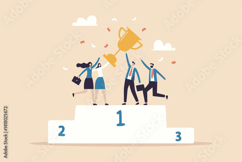 Team success win together, teamwork or collaboration to achieve goal together, group winner or team victory concept, businessman and businesswoman colleagues hold winning trophy on first place podium.