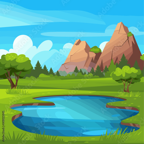 Explore this vibrant cartoon landscape featuring a serene lake surrounded by majestic mountains and lush greenery. Perfect for backgrounds, posters, and illustrations!