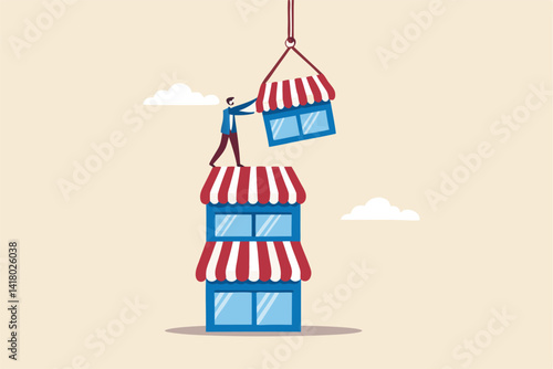 Build up business, expand or growing company empire, organization growth or ambition and effort to improve sales, extension concept, ambitious businessman build up store on top of company stack.