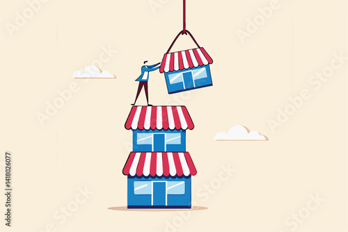 Build up business, expand or growing company empire, organization growth or ambition and effort to improve sales, extension concept, ambitious businessman build up store on top of company stack.