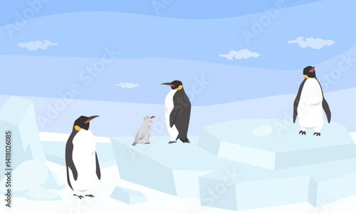 Four penguins stand on ice floes in a snowy landscape. The sun shines brightly, casting shadows. One smaller penguin is nestled among the larger ones, creating a charming family scene.