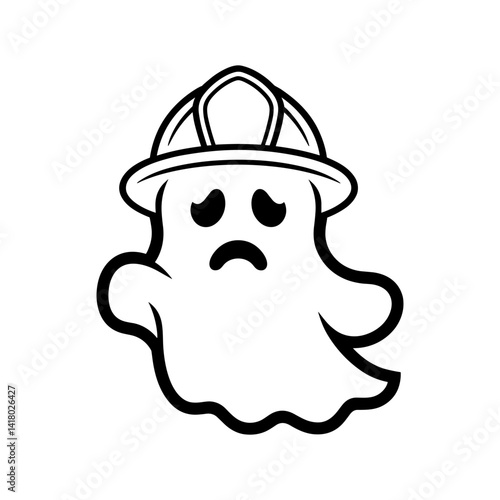 Sad Firefighter Ghost: A cute cartoon ghost wearing a firefighter helmet looks sadly. This illustration is perfect for Halloween, fire safety themes, or spooky designs that need a touch of whimsy.
