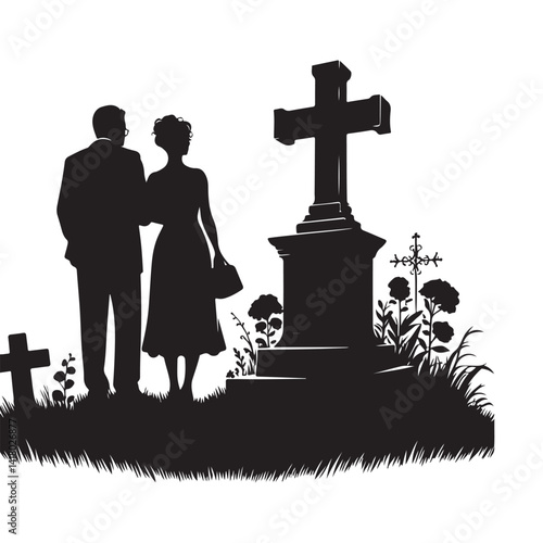 Loving Couple Visiting Grave Silhouette Illustration Vector Design