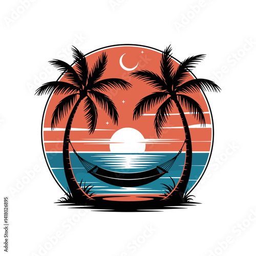 Tropical Haven: Serene silhouette of a hammock strung between two palm trees against a sunset backdrop, embodies peaceful vacation and escape