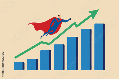 Growth or growing business success, increase sales or career improvement, earn more investment profit or earning, rising up or up trend concept, businessman superhero fly up exponential growth chart.