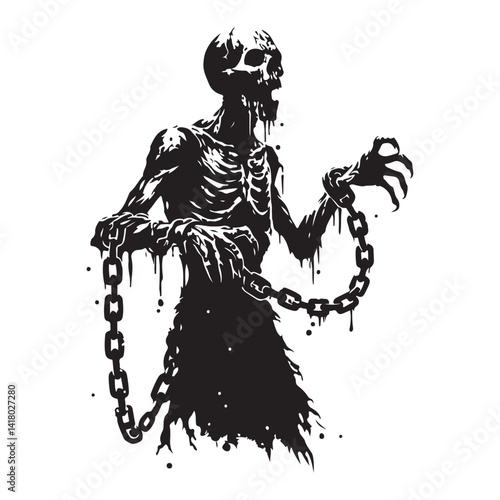 Zombie silhouette dragging chains vector art spooky illustration