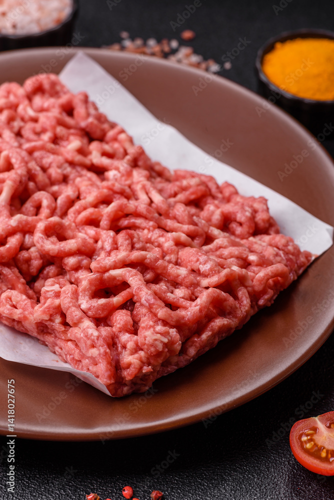 Stuffing or ground raw beef or pork with salt and spices Stuffing or ground raw beef or pork with salt and spices