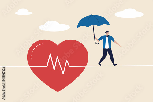 Health insurance, medical risk or healthcare protection, patient security or disease and illness care concept, strong man with umbrella protection walk on risky heart pulse rate as rope walking.