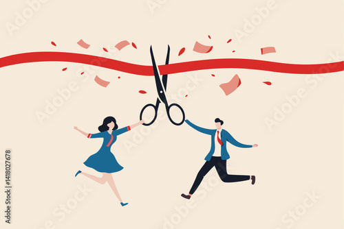 Cut ribbon to start new business, startup launch new product ceremony or great beginning celebration event, businessman and businesswoman holding scissors to cut red ribbon start new company.