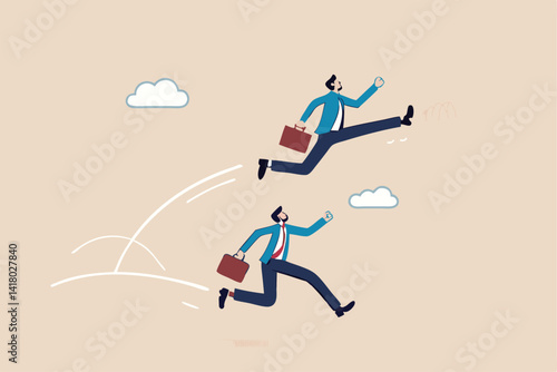 Competitive advantage to win business competition, upgrade skill, innovation, work efficiency or career promotion, effort or skill concept, businessman with spring shoes leap fast over competitor.