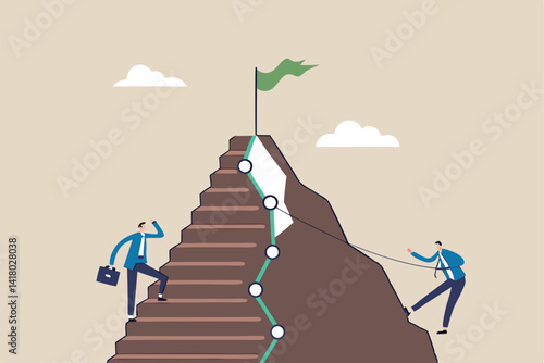 Easy and hard way to success, journey to achieve target or mission accomplish, choosing path to succeed, way to reach business goal concept, businessmen compete easy and hard way to climb mountain.
