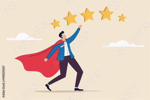 5 stars expert, excellence or great service, quality and good reputation professional, award winning or best rating concept, businessman superhero carrying big golden customer 5 stars rating feedback.
